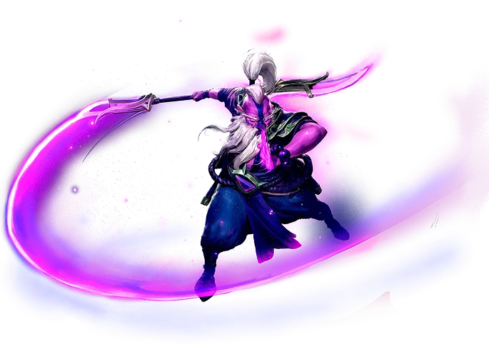 A Dota 2 Anti-Mage hőse lila energiával körülvéve, harci pózban két pengével.