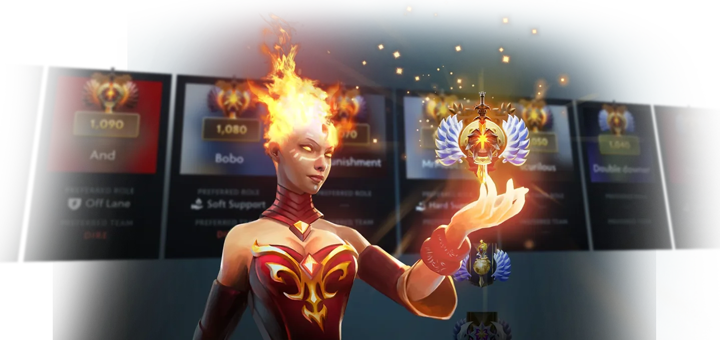 Tüzes hősnő lebegő rangjelvényt tart a kezében a Dota 2 ranglista háttere előtt.