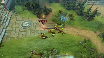 Hősök és creepek összecsapása egy pályaszakaszon a Dota 2 mérkőzés során.